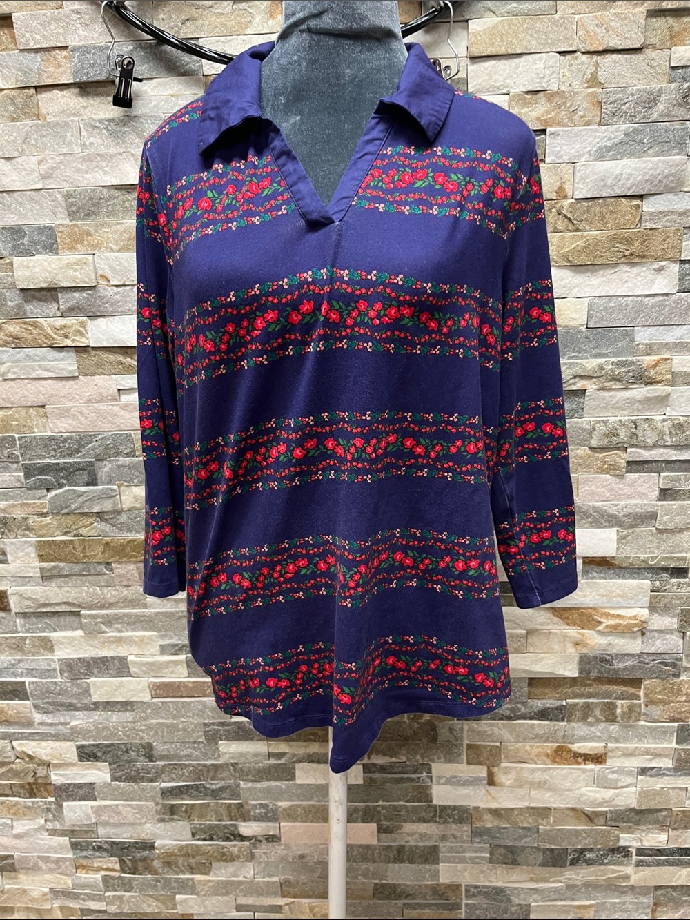 Isaac Mizrahi Live! Navy Top with Red Floral Stripes